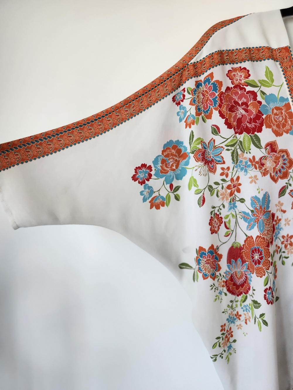 Rose & Olive White Floral Kimono Top with Orange Trim and Multicolor Blooms - Picture 3 of 8